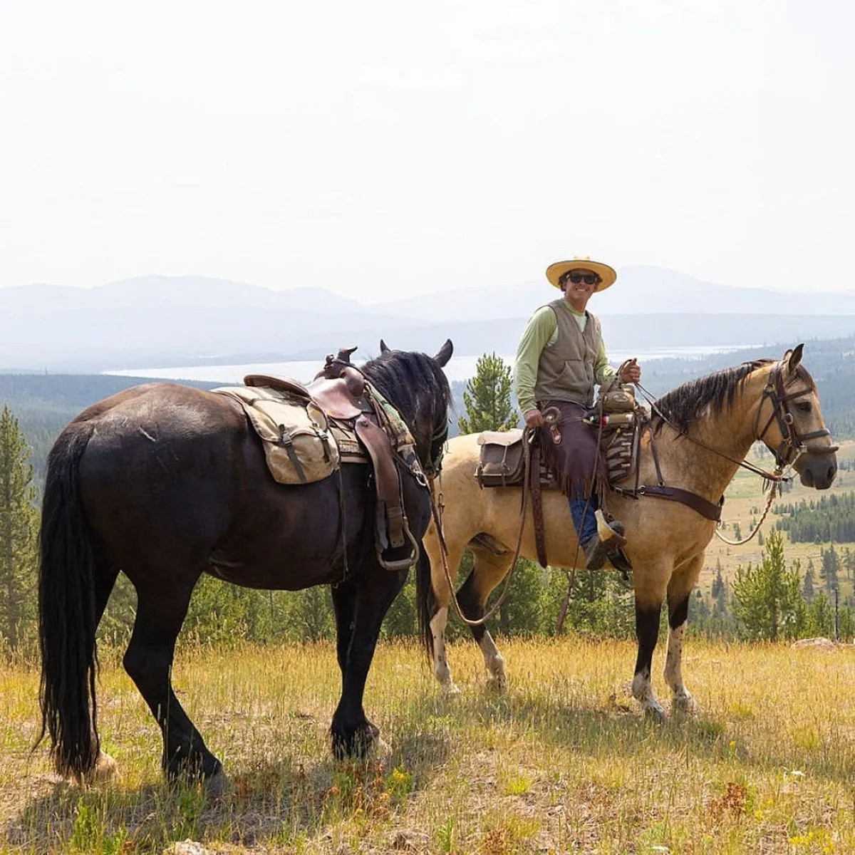 a group of people standing next to a horse in a field