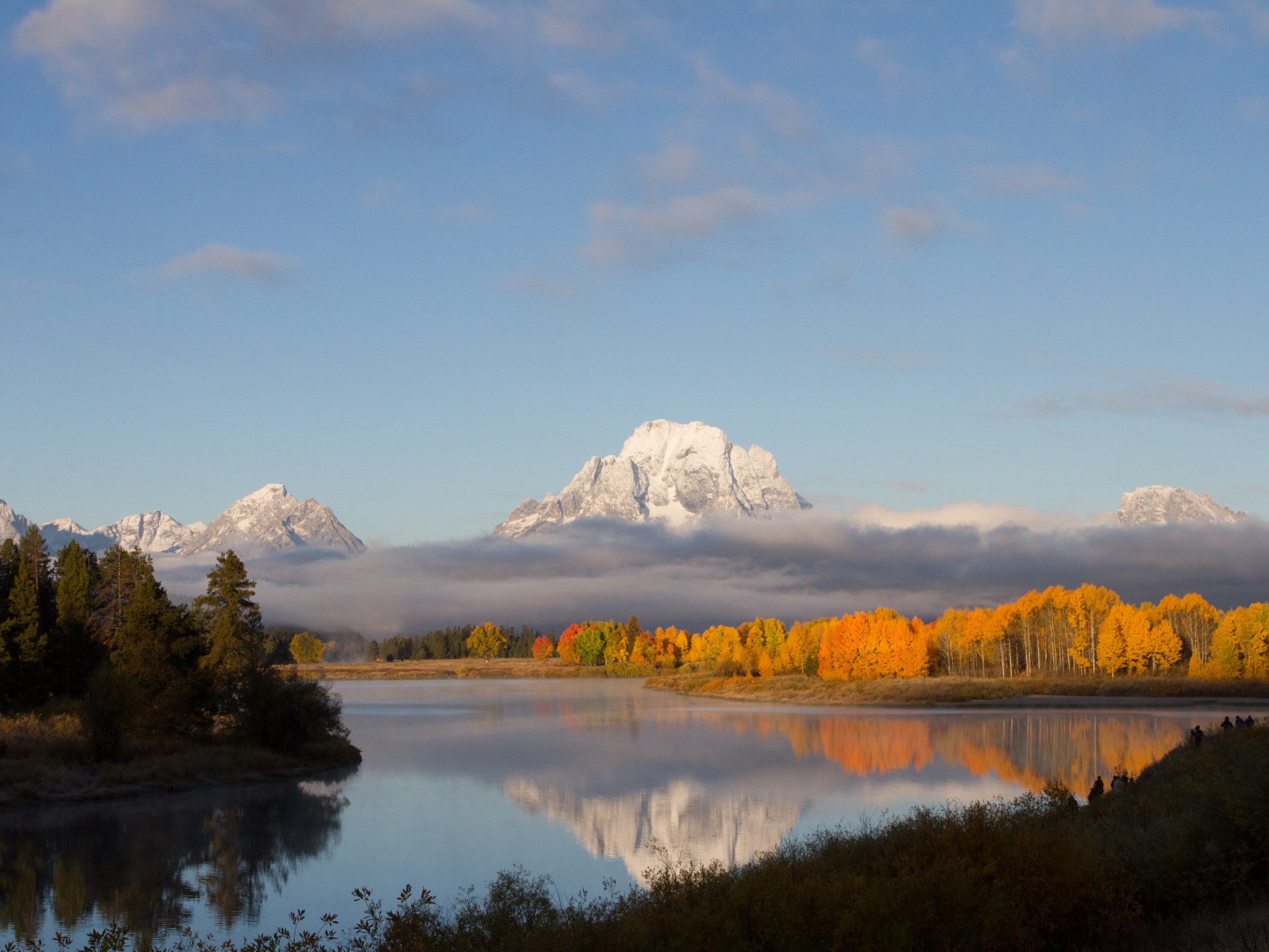 The Snake River reflecting Mount Moran at Oxbow Bend in Grand Teton National Park Wyoming